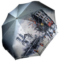 Женский автоматический зонт на 9 спиц от Frei Regen с принтом города, сатиновый купол, серая ручка, 09074-1