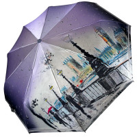 Женский зонт полуавтомат на 9 спиц от Frei Regen с принтом города, сатиновый купол, сиреневая ручка, 09073-2