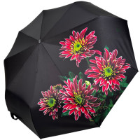 Жіноча парасолька-автомат у подарунковій упаковці з хустинкою від Rain Flower, чорний з рожевими квітами 01020-5